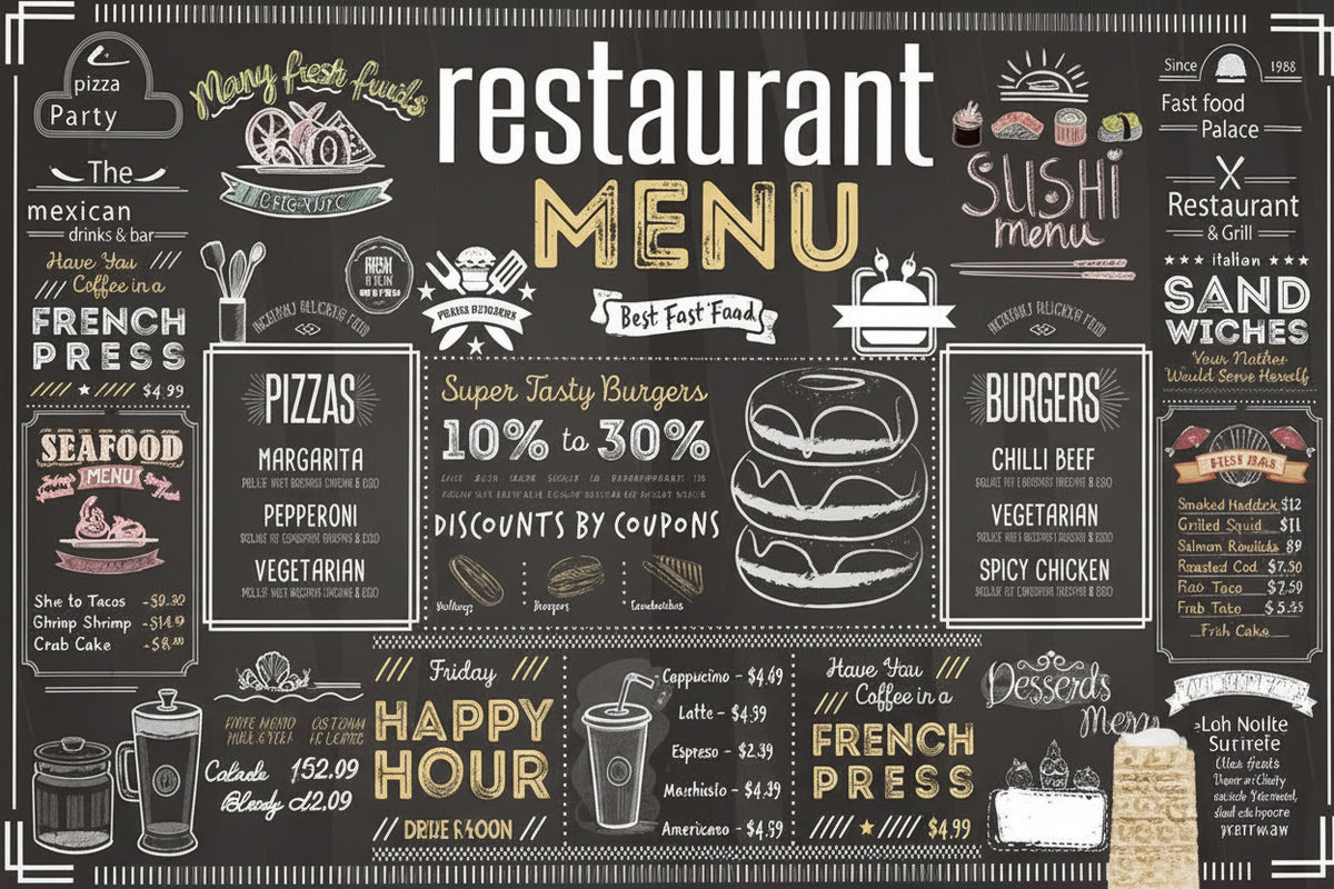 Retro Restaurant Menu Board Wallpaper Mural, Custom Sizes Available Maughon's 