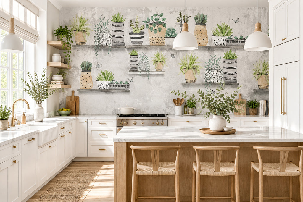 Retro Succulent Pots Wallpaper Mural, Custom Sizes Available Wall Murals Maughon's 