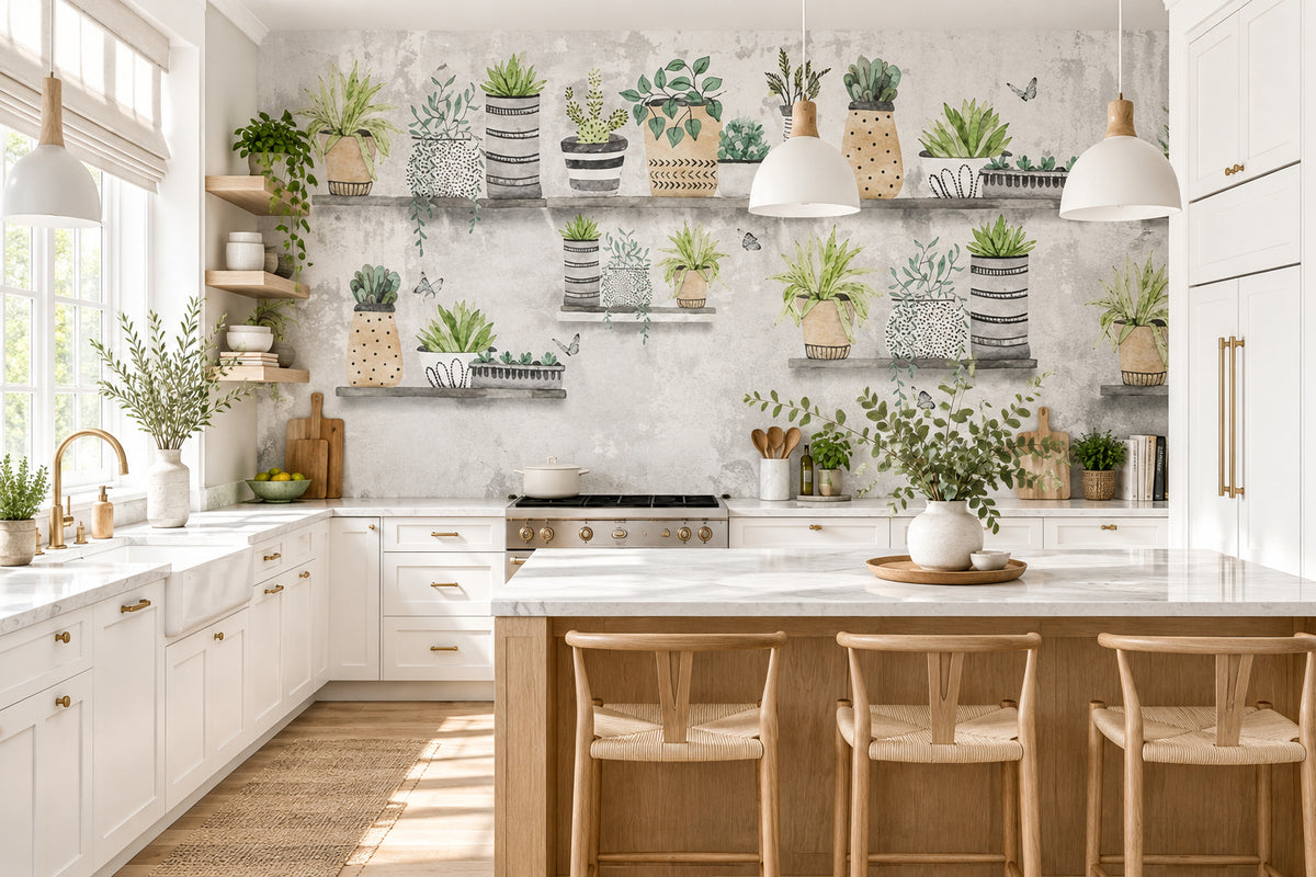 Retro Succulent Pots Wallpaper Mural, Custom Sizes Available Wall Murals Maughon's 