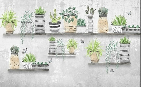 Image of Retro Succulent Pots Wallpaper Mural, Custom Sizes Available Wall Murals Maughon's 