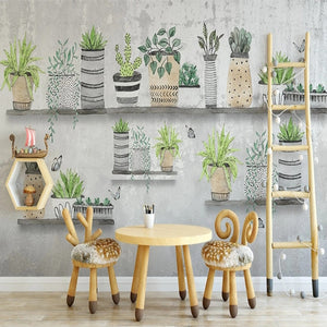 Retro Hand-painted Succulent Pots Wallpaper Mural, Custom Sizes Available