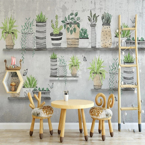 Image of Retro Succulent Pots Wallpaper Mural, Custom Sizes Available Wall Murals Maughon's 