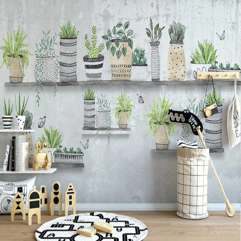 Retro Succulent Pots Wallpaper Mural, Custom Sizes Available Wall Murals Maughon's Waterproof Canvas 