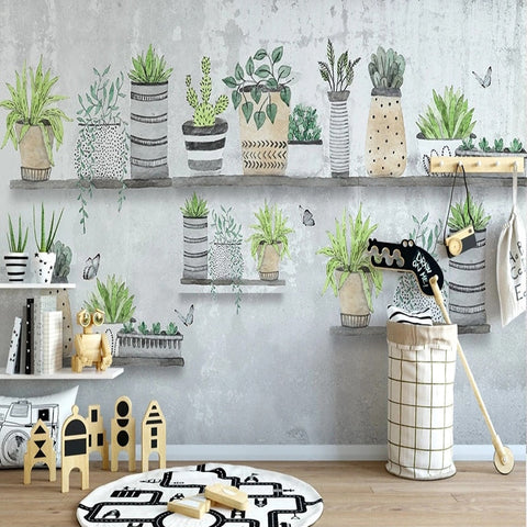 Image of Retro Succulent Pots Wallpaper Mural, Custom Sizes Available Wall Murals Maughon's Waterproof Canvas 