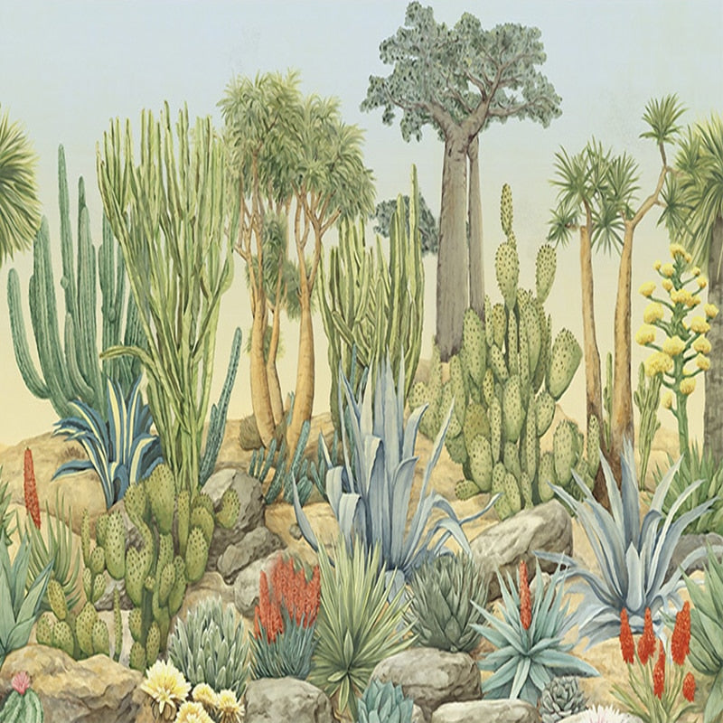 Retro Water Color Cacti Wallpaper Mural, Custom Sizes Available Wall Murals Maughon's 