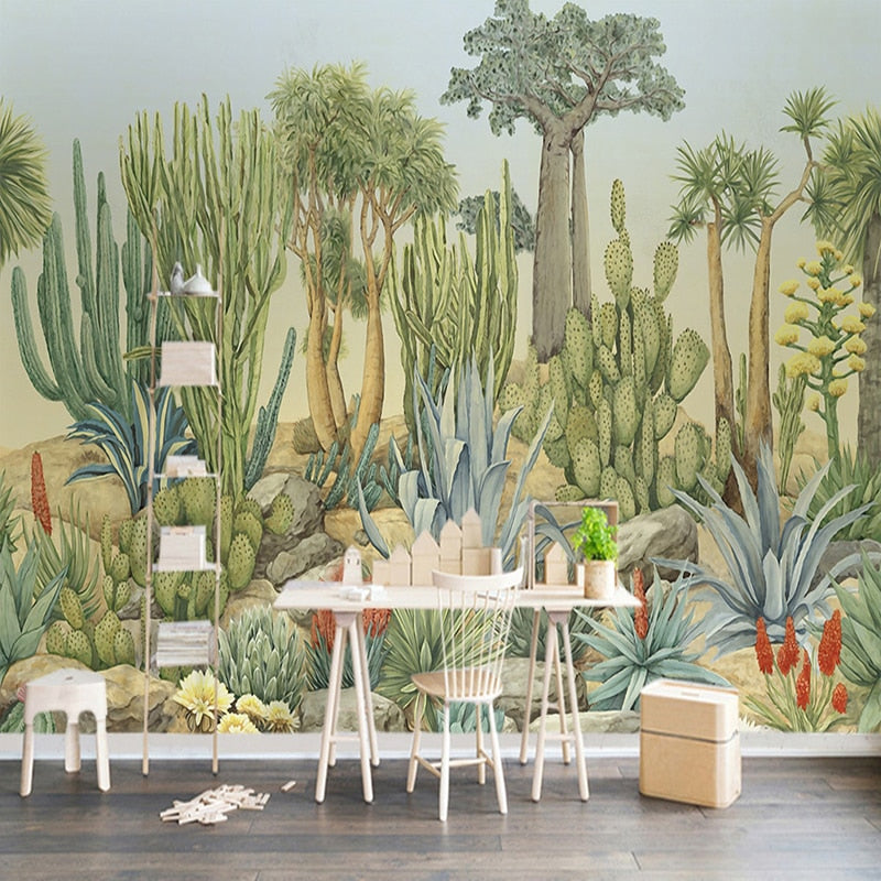 Retro Water Color Cacti Wallpaper Mural, Custom Sizes Available Wall Murals Maughon's Waterproof Canvas 
