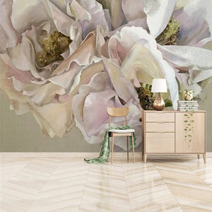 Hand-painted Retro White Rose Wallpaper Mural, Custom Sizes Available
