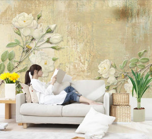 Retro White Roses Wallpaper Mural, Custom Sizes Available