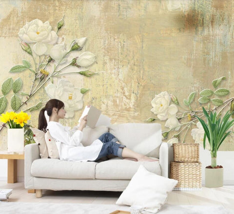 Image of Retro White Roses Wallpaper Mural, Custom Sizes Available Wall Murals Maughon's 