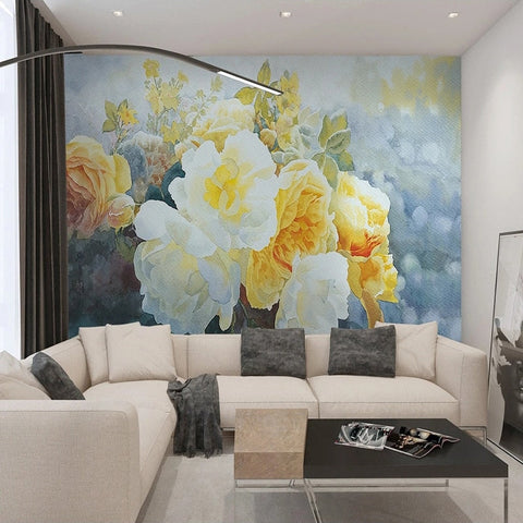 Image of Retro Yellow and White Roses Wallpaper Mural, Custom Sizes Available Wall Murals Maughon's 