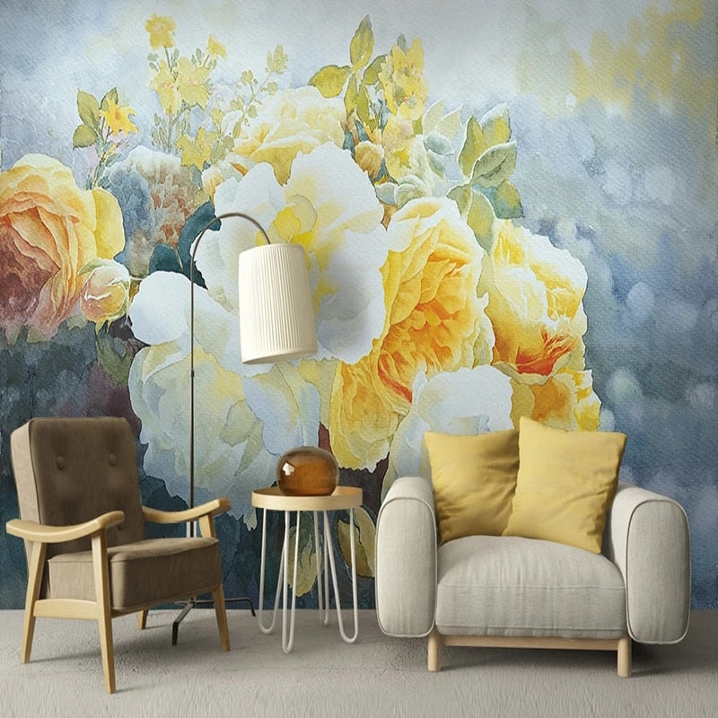Retro Yellow and White Roses Wallpaper Mural, Custom Sizes Available Wall Murals Maughon's Waterproof Canvas 