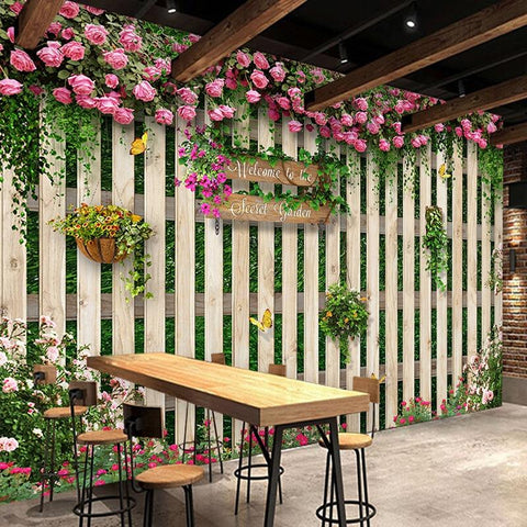 Image of Rose Trellis on Wooden Wall Wallpaper Mural, Custom Sizes Available Household-Wallpaper Maughon's 