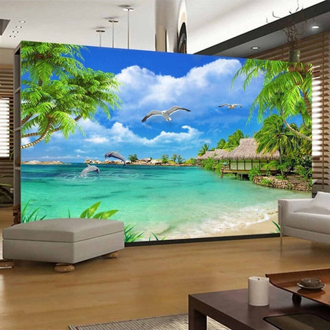 Image of Sandy Beach With Tiki Hut Wallpaper Mural, Custom Sizes Available Wall Murals Maughon's 