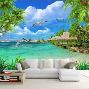 Sandy Beach With Tiki Hut Wallpaper Mural, Custom Sizes Available