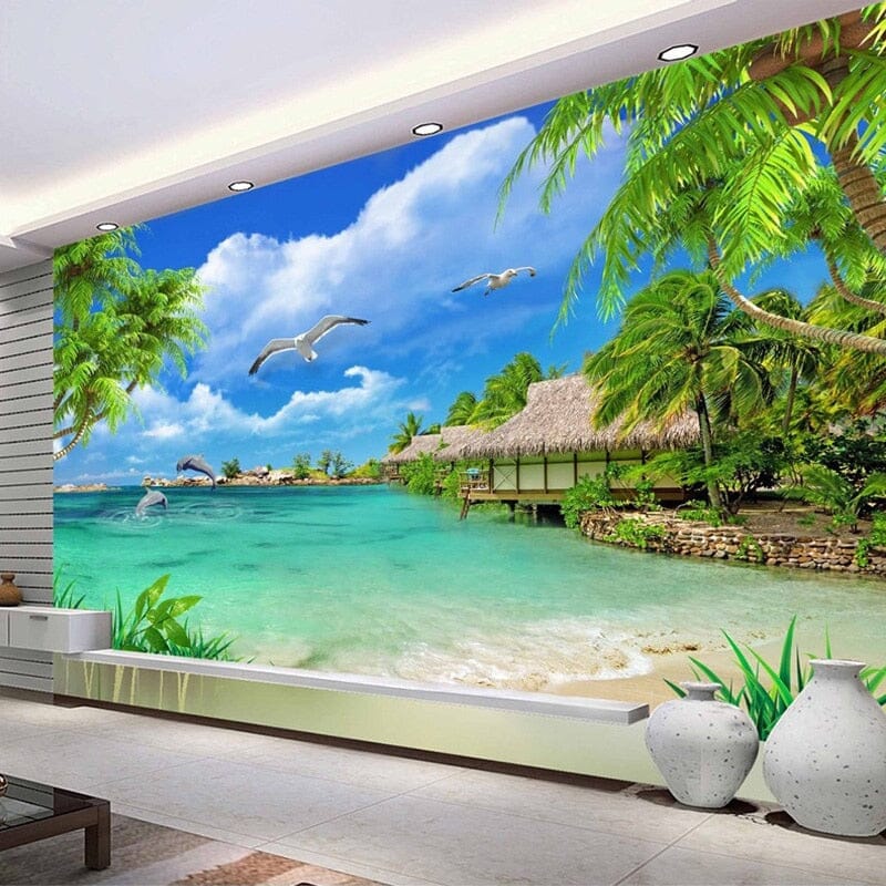 Sandy Beach With Tiki Hut Wallpaper Mural, Custom Sizes Available Wall Murals Maughon's Waterproof Canvas 