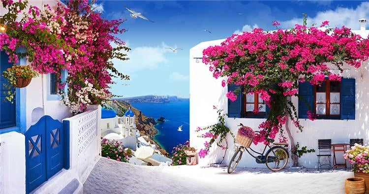 Mural de papel pintado Santorini con buganvillas, tamaños personalizados disponibles