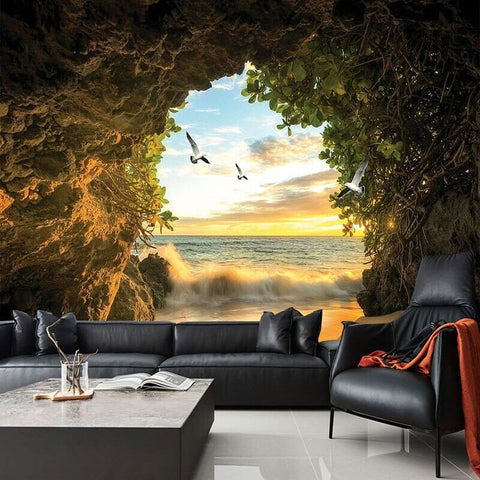 Image of Seaside Cave at Sunset Wallpaper Mural, Custom Sizes Available Wall Murals Maughon's Waterproof Canvas 