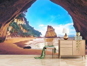 Mural cueva junto al mar con playa, tamaños personalizados disponibles