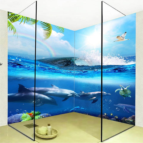 Image of Self-Adhesive Dolphin Pod Bathroom Mural, Custom Sizes Available Wall Murals Maughon's 