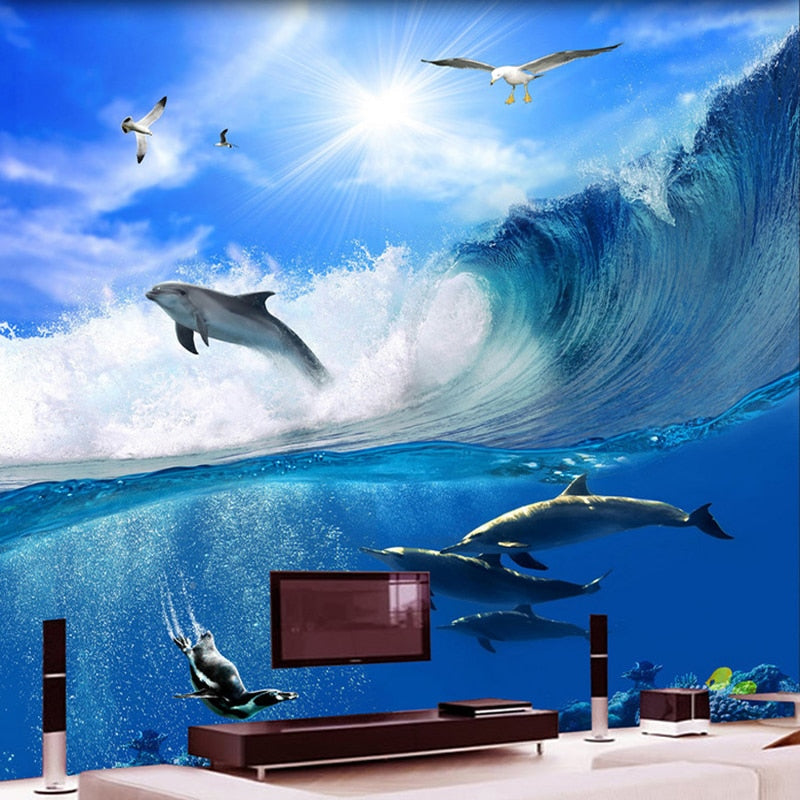 Self Adhesive Dolphins and Waves Bathroom Mural, Custom Sizes Available Wall Murals Maughon's 