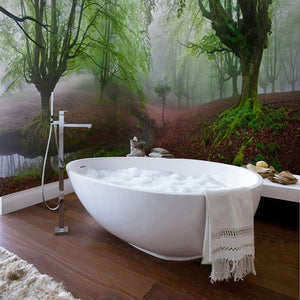 Self Adhesive Foggy Forest Stream Bathroom Mural, Custom Sizes Available