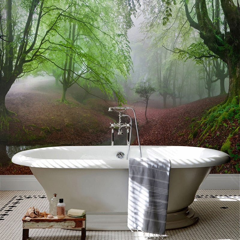 Self Adhesive Foggy Forest Stream Bathroom Mural, Custom Sizes Available Wall Murals Maughon's 