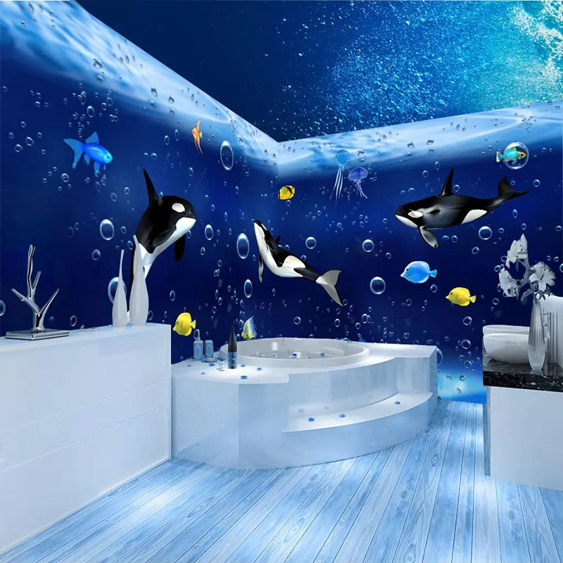 Self Adhesive Killer Whales and Fishes Bathroom Wallpaper Mural, Custom Sizes Available Wall Murals Maughon's 