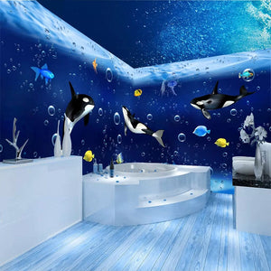Self Adhesive Killer Whales and Fishes Bathroom Wallpaper Mural, Custom Sizes Available