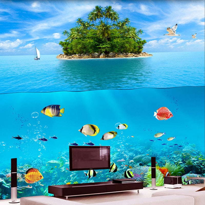 Self Adhesive Tropical Fish And Island Bathroom Mural, Custom Sizes Available Wall Murals Maughon's 