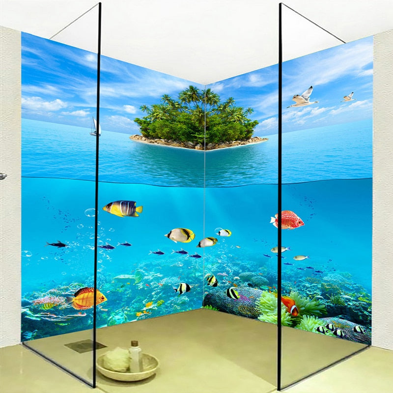 Self Adhesive Tropical Fish And Island Bathroom Mural, Custom Sizes Available Wall Murals Maughon's 
