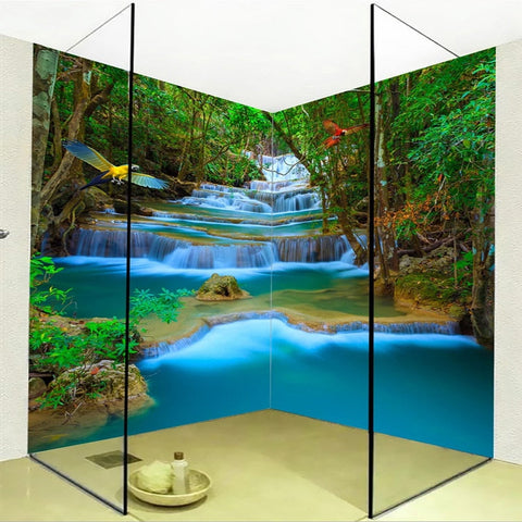 Image of Self Adhesive Tropical Jungle Waterfall Bathroom Mural, Custom Sizes Available Wall Murals Maughon's 