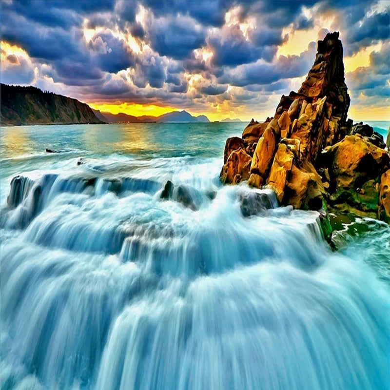 Self Adhesive Waterfall Around Rock Bathroom Mural, Custom Sizes Available Wall Murals Maughon's 