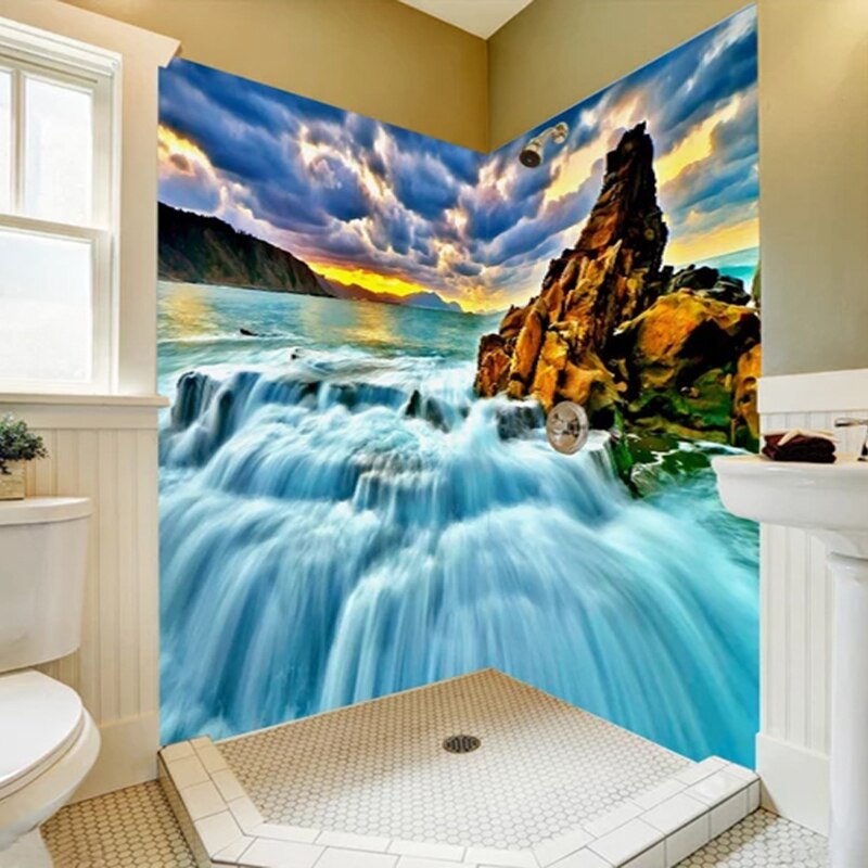 Self Adhesive Waterfall Around Rock Bathroom Mural, Custom Sizes Available Wall Murals Maughon's 