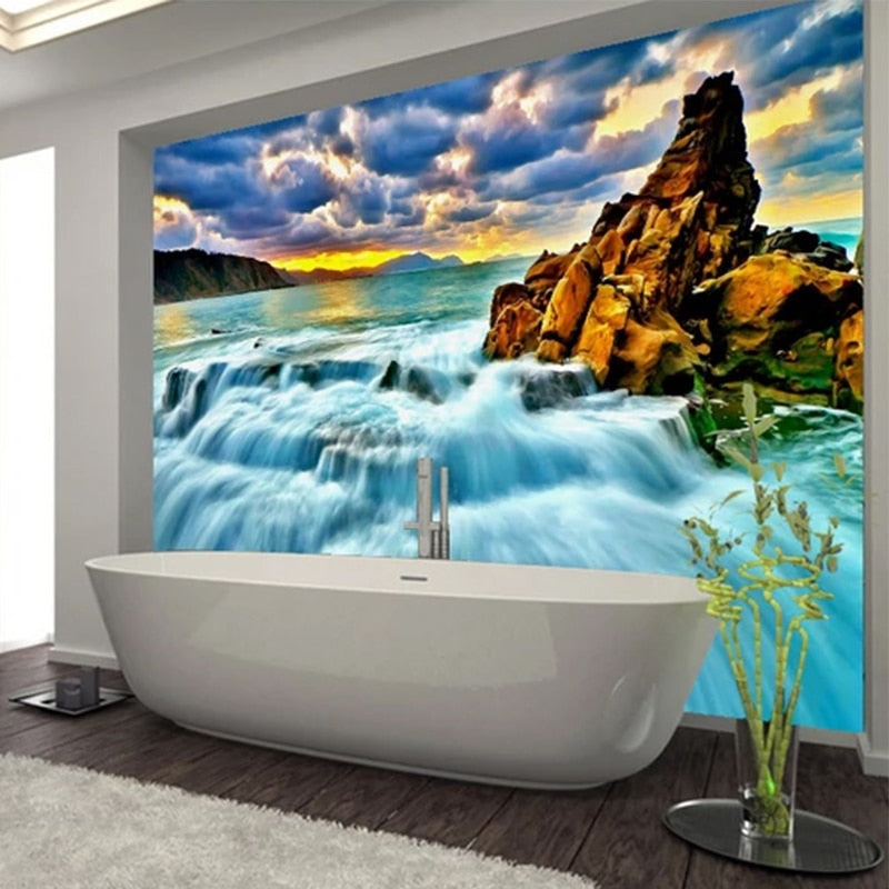 Self Adhesive Waterfall Around Rock Bathroom Mural, Custom Sizes Available Wall Murals Maughon's 