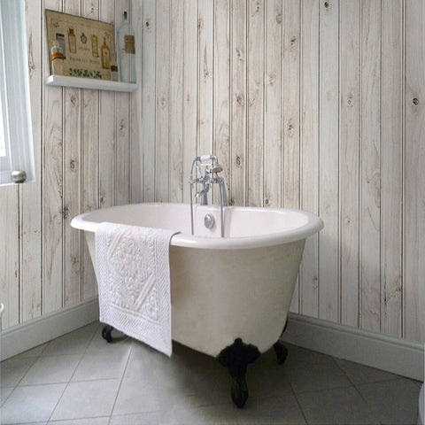 Image of Self Adhesive White Wood Boards Bathroom Mural, Custom Sizes Available Wall Murals Maughon's 