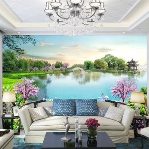 Serene Pond and Flowering Garden Wallpaper Mural, Custom Sizes Available