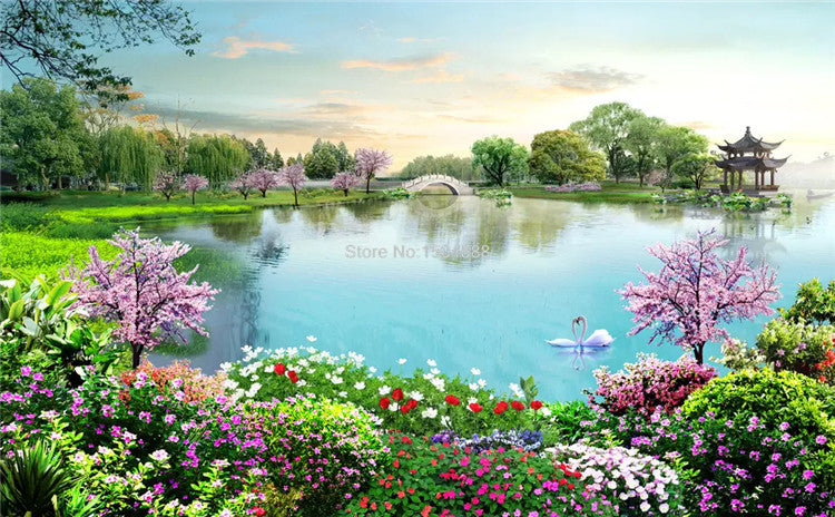 Serene Pond and Flowering Garden Wallpaper Mural, Custom Sizes Available Wall Murals Maughon's 