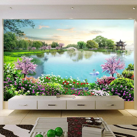 Image of Serene Pond and Flowering Garden Wallpaper Mural, Custom Sizes Available Wall Murals Maughon's Waterproof Canvas 