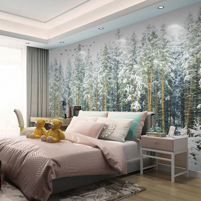 Snow Covered Trees Oil Painting Wallpaper Mural, Custom Sizes Availabl ...
