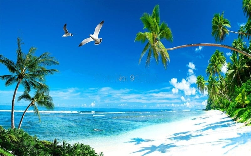 Soothing Beach and Palm Trees Wallpaper Mural, Custom Sizes Available