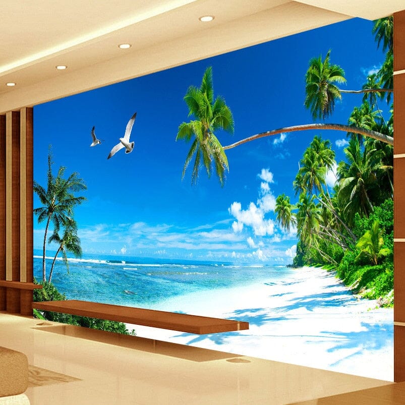 Soothing Beach and Palm Trees Wallpaper Mural, Custom Sizes Available Wall Murals Maughon's Waterproof Canvas 