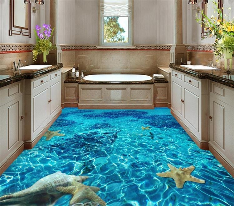 Mural de piso de vinilo de PVC de laguna de estrellas de mar, tamaños personalizados y autoadhesivos disponibles