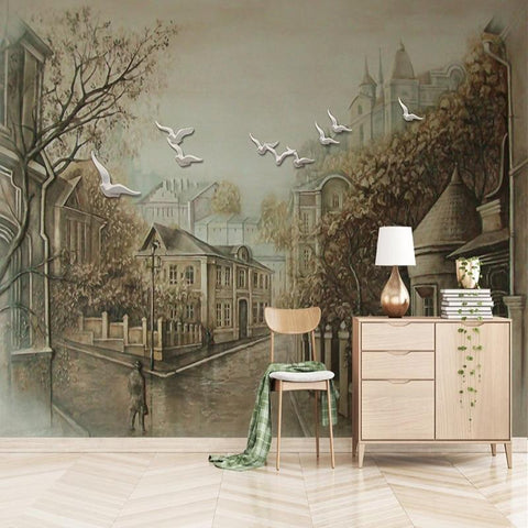 Image of Street View Homes and Birds Wallpaper Mural, Custom Sizes Available Household-Wallpaper Maughon's 