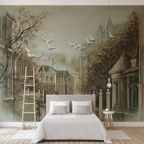 Street View Homes and Birds Wallpaper Mural, Custom Sizes Available Household-Wallpaper Maughon's 