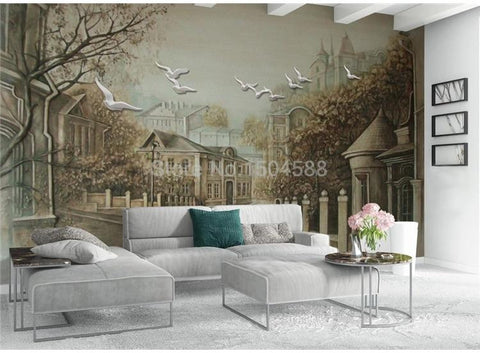 Street View Homes and Birds Wallpaper Mural, Custom Sizes Available Household-Wallpaper Maughon's 