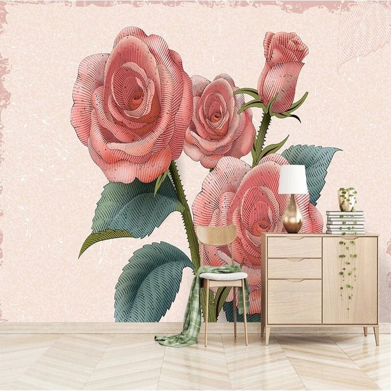 Stylised Retro Red Roses Wallpaper Mural, Custom Sizes Available Wall Murals Maughon's 