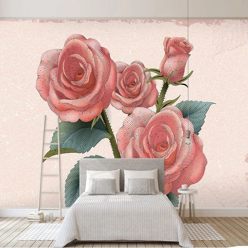 Stylised Retro Red Roses Wallpaper Mural, Custom Sizes Available Wall Murals Maughon's Waterproof Canvas 