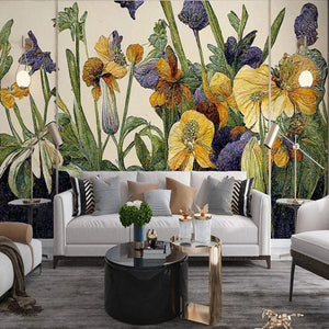Stylized Hand-Painted Iris Wallpaper Mural, Custom Sizes Available Wall Murals Maughon's Waterproof Canvas 