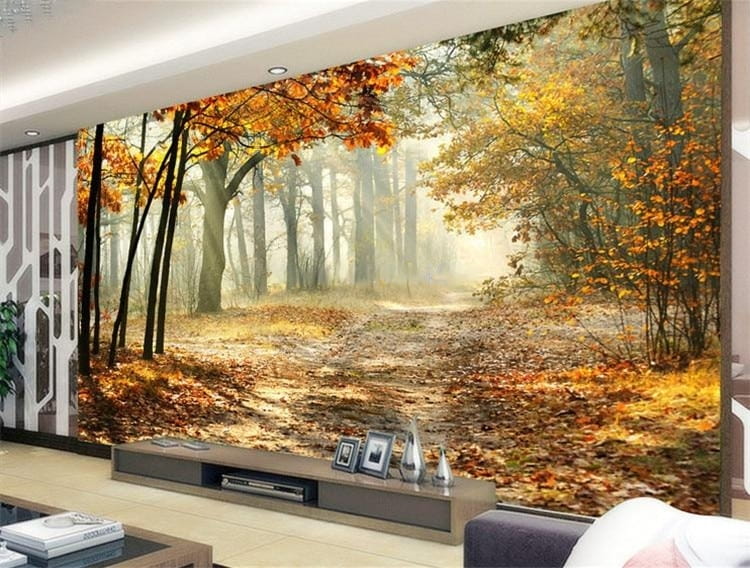 Mural de papel pintado Bosque otoñal iluminado por el sol, tamaños personalizados disponibles