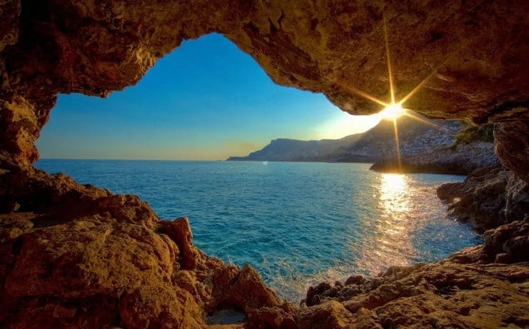 Sunrise Over Water and Cave Wallpaper Mural, Custom Sizes Available